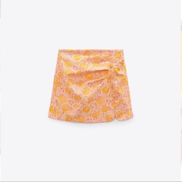 ZARA Linen Blend Floral Mini Skirt‎ Orange Pink Ruched Size L - Picture 6 of 12